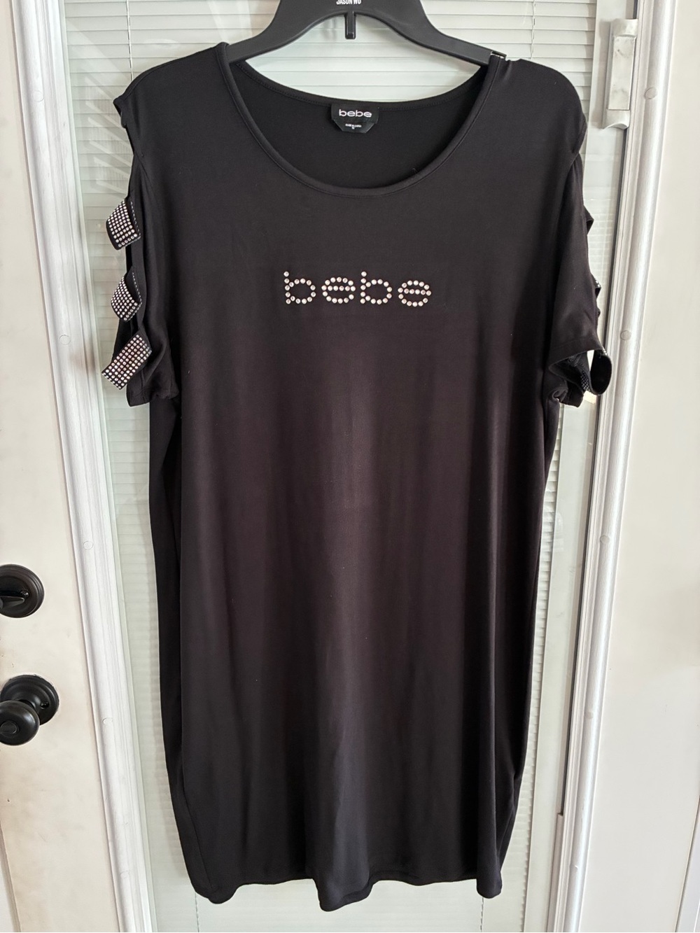 bebe Black Studded Logo Cold-Shoulder Tunic